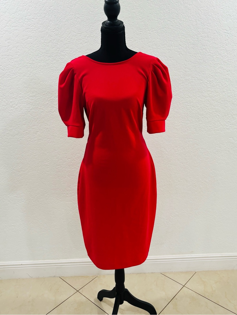 New York & Company Red Puff-Sleeve Midi Sheath Dress